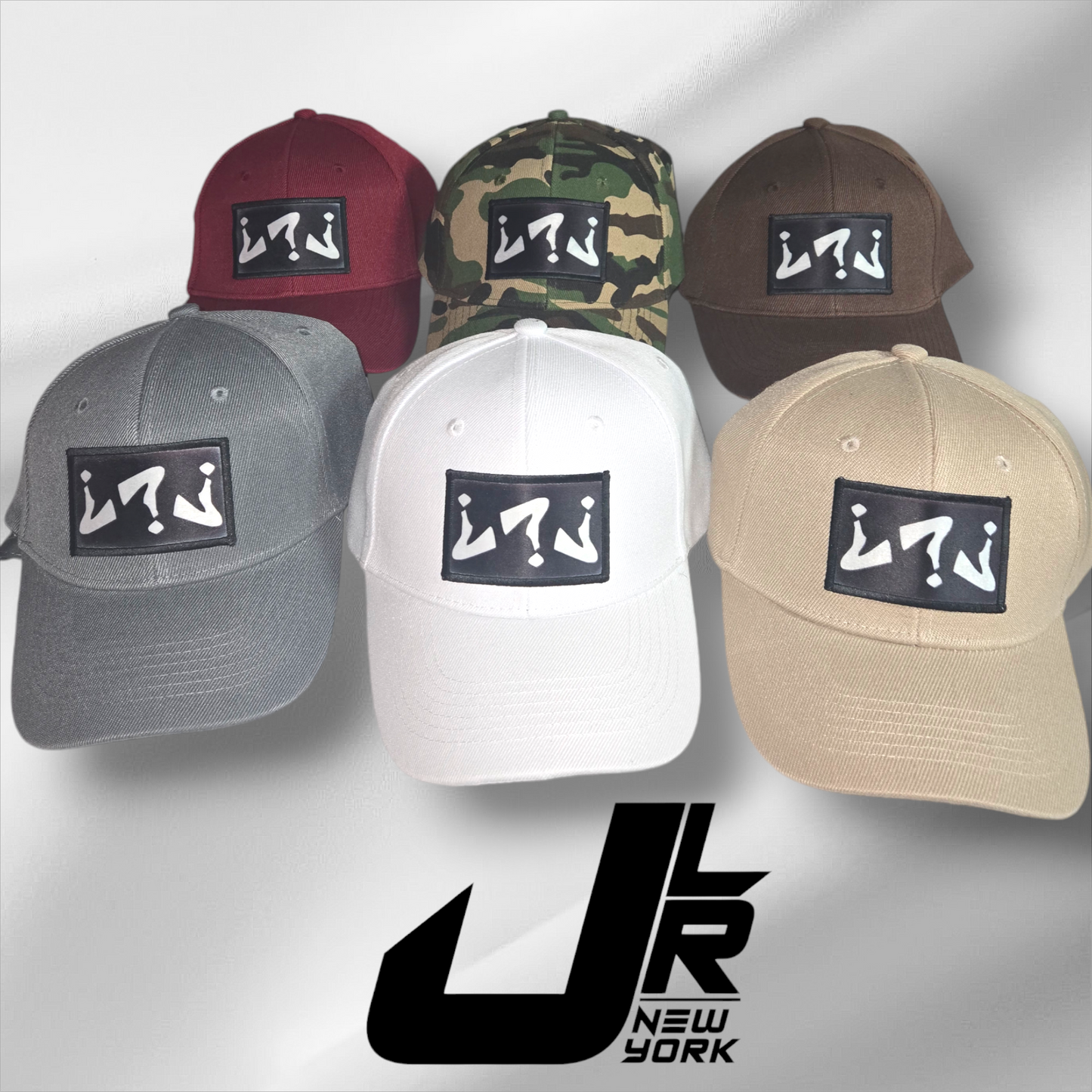 Set of six baseball caps in different colors with a logo on a gray background, featuring the brand 'JR New York'.