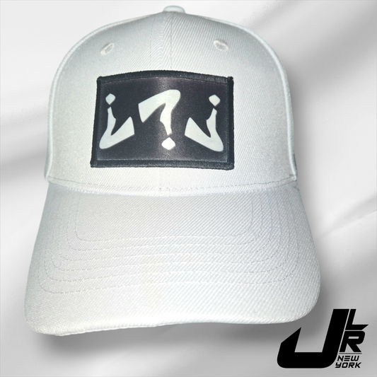 White cap with a black logo on a white background