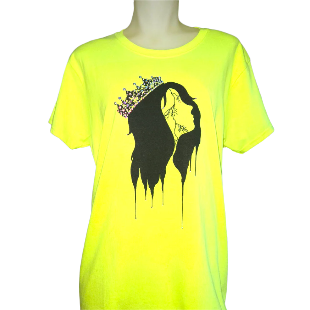 Yellow  t-shirt with black graphic design Queen Crown Bling