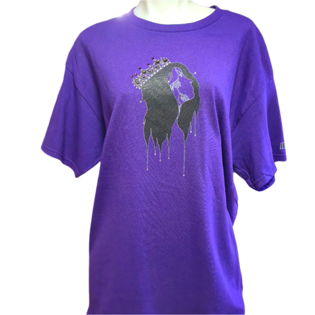 Purple  t-shirt with black graphic design Queen Crown Bling
